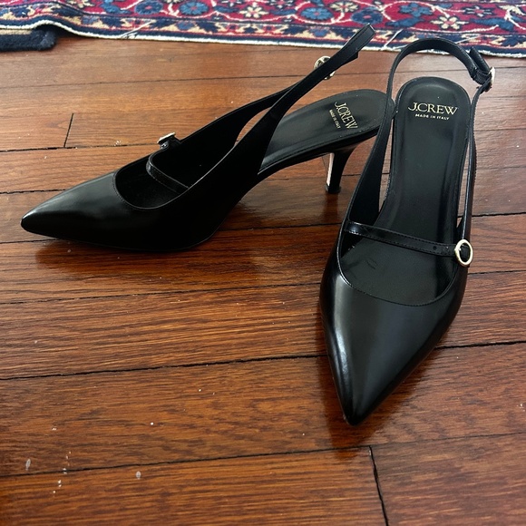 J Crew Slingback Black Leather Size 9 Kittenheels - Picture 1 of 7